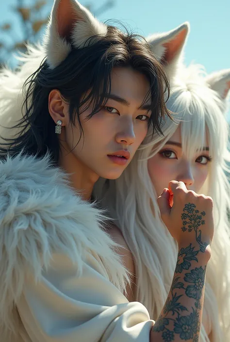 Jeon Junkook handsome and attractive face, light brown skin colour, powerful and victorious, long hair, tattoos on one hand, black wolf ears, brown eyes colour like a wolf, fisting his hand angerly standing with beautiful girl white fluffy long hairs,white...