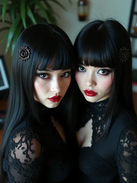 A captivating portrait-style photograph of a stunning 2 woman with fair skin and dark hair. She has straight bangs and adorns her hair with two decorative hairpins. The gothic or fantasy-inspired black outfit, complete with intricate patterns and shoulder ...