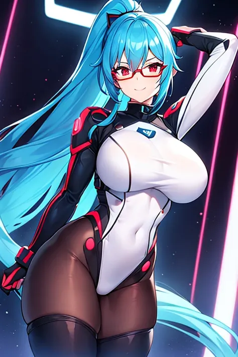 1girl, blue hair, long hair, ponytail, long ponytail, red eyes, glasses, red glasses, bodysuit, black bodysuit, smile, large breasts, thick thighs, futurístic, tech, science-fiction, machinery, toned, hourglass figure, mature female, neon trim, neon lights...