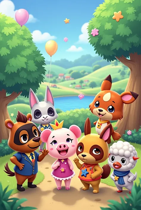 Faça uma imagem com os personagens Antonio, Agnes, Piper, Tucker, Chevre, Roscoe, aurora, Whitney, Roswell e tiansheng de animal crossing
