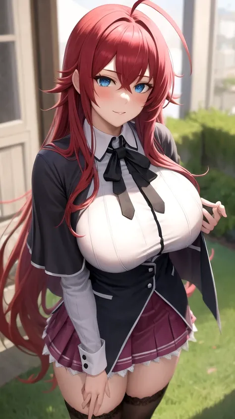 ((masterpiece, best quality)), insaneres, absurdres, solo, looking at viewer, 
ANIME_DxD_Rias_Gremory_ownwaifu, 
1girl, bangs, long hair, red hair, breasts, large breasts, rias gremory, blue eyes, hair between eyes, very long hair, collarbone, hair intakes...