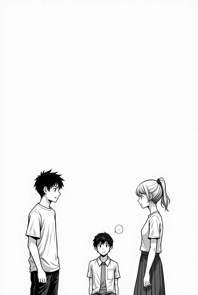 A 20 year old short haired boy talking to a 20 year old short haired girl and a 20 year old boy with short hair in a small ponytail looking at them in black and white manga style 