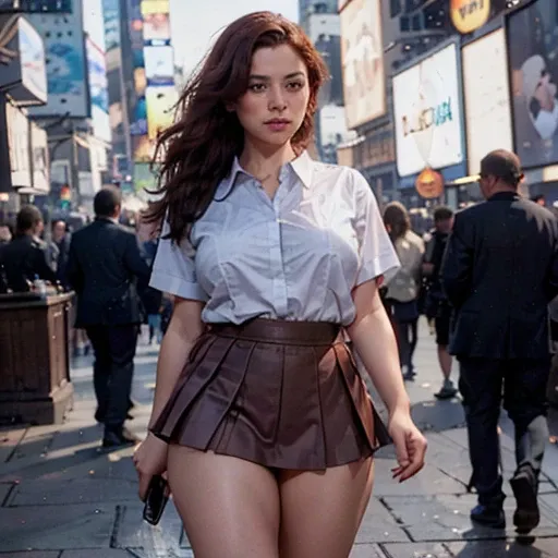 background: illuminated window of a shop in times square. an embarrassed woman, standing in the middle of the sidewalk, pressing...