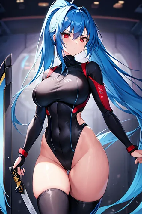 1girl, blue hair, long hair, ponytail, long ponytail, red eyes, bodysuit, black bodysuit, sword, serious, large breasts, thick thighs, futurístic, tech, science-fiction, machinery, toned, hourglass figure, mature female