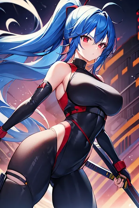 1girl, blue hair, long hair, ponytail, long ponytail, red eyes, bodysuit, black bodysuit, sword, serious, large breasts, thick thighs, futurístic, tech, science-fiction, machinery, toned, hourglass figure, mature female