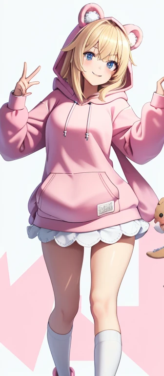 1 Vtuber model , Long blonde hair, blue eyes , Thick thighs, Furry bear ears , Wear a hood,(Light pink hoodie:1.3), White mini skirt, White knee socks, Strawberry print hoodie, Bear room shoes, geta, high quality , Very detailed , rendering, (White Backgro...