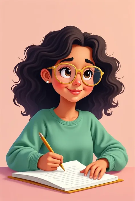 a Disney Pixar style drawing of a 20 year old girl, blackw, brazileiro, with blackw curly hair, thin antique gold glasses and a light green sweatshirt. She is smiling, is happy writing an essay.  The background of the image is light pink. She is studying f...