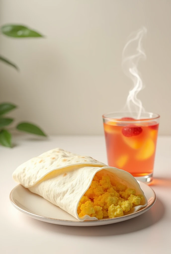 (photorealism:1.2), a white corn tortilla, wrapped like a burrito, revealing that there are scrambled eggs cooked inside, Right next to it is a steaming cup with fruity aromatic water inside.