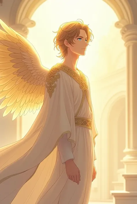 An anime-style male character named Seraphiel, the Guardian of Love. He has a calm and welcoming presence, with tall stature and a gentle, warm aura. His skin is golden, glowing softly as if reflecting sunlight, and his light blue, shimmering eyes show com...