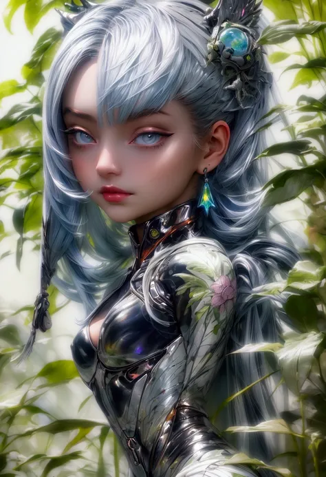 "A pretty girl with a sense of wonder explores an alien planet with vibrant chrome vegetation. The surreal landscape and flora create a stunning juxtaposition in a space-age paradise.