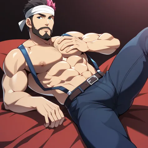 score_9, score_8_up, score_7_up, rating_explicit, source_anime, man, country, chaps, bicolor, multicolored hair, cowboy, checkered, vibrant colors, stylish, sexy pose, bandage, thigh strap, suspenders, Perineum, sexy, bara, handsome boy, (masterpiece, high...