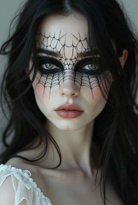 Realistic portrait of fair-skinned woman with artistic spider makeup, dark hair