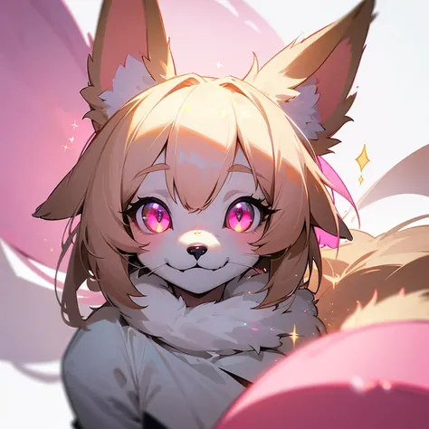 masterpiece,insanely detailed, absurdres, 16K, a girls, kemono, evil smiling, grinning,(luminous eyes, with sparkling eyes,pink eyes, narrow eyes), (dog_girl, anthro furry:1.1),fluffy fur, white background, upper body, dutch angle shot