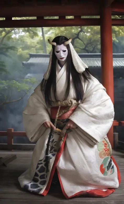 woman,White Face,kimono,A large white snake was coiled around his body.,Inside the shrine,Dim atmosphere,Realistic photos、