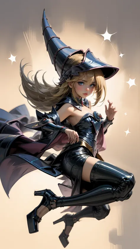 (masterpiece:1.2), (The best quality:1.2), perfect lighting, Dark Magician Girl casting a spell, in battle. floating in the air, visible medium , transparent neckline, blue robe, big hat, from above, Sparkles, Yugioh game, The magic of the heart. LIGHTS OF...