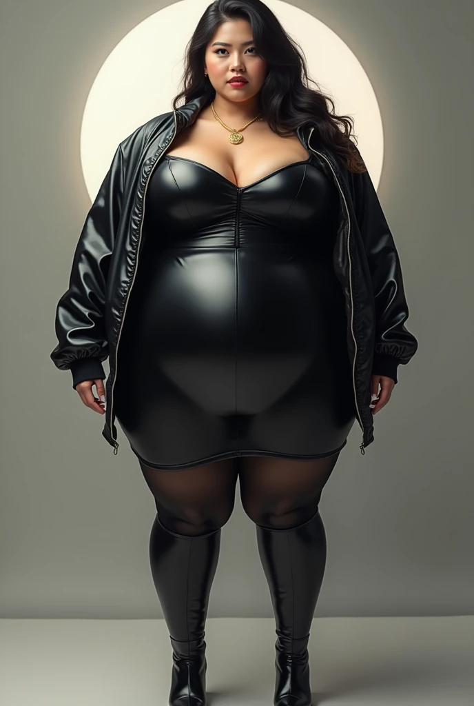 Curvy fat ssbbw japanese Woman with big ass and wide hips, wearing black leather dress, black tights, leather high heeled boots with a bomber jacket and gold necklace, she is huge, she has gained a bit too much weight