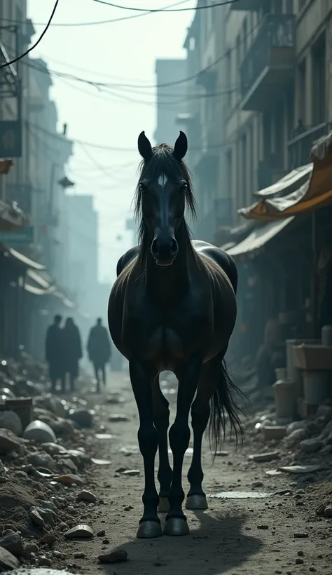 a black horse walking slowly through a desolate city, with empty markets and starving people in the background, 8k, detailed, photorealistic, dramatic lighting, moody atmosphere, cinematic composition, muted color palette, intricate details, realistic text...