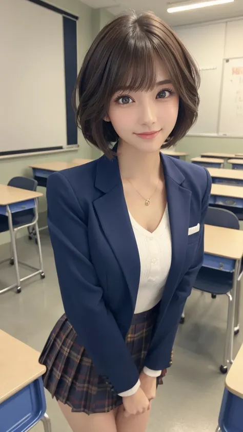 ((High school classroom:1.2)),Schoolgirl uniform,blazer, Super short,Plaid,Blue Micro Mini Skirt,Very cute face,Glossy Lips,Beautiful big eyes,Brown eyes,(Natural Makeup),Asymmetrical bangs,Center image,Attention to detail,Detailed hairstyle,Detailed face,...