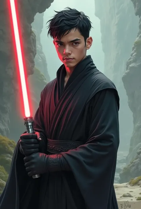 Make a character with black clothes, black hair and gray eyes, male young Jedi 