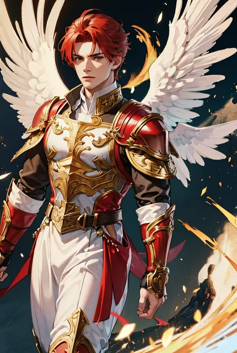 naughty man, warrior, angel, with red hair, with silver armor with gold details and white wings High resolution, 