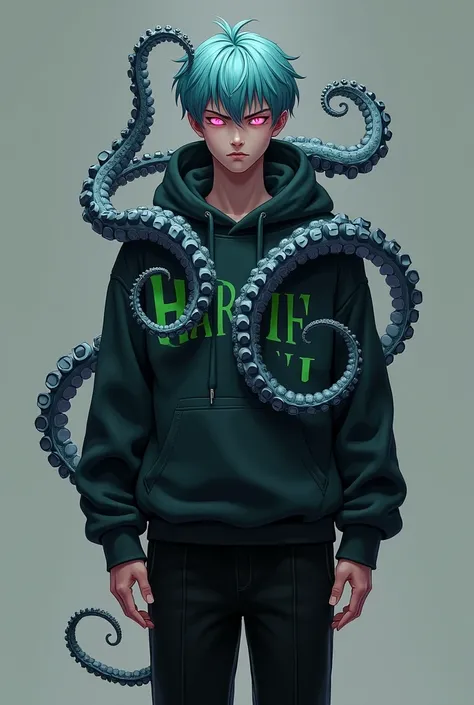 masculine, 19yearsold, half human and half octopus, tentacles protruding from the body, blue-green hair is short, dark sweatshirt with green details, long black pants, facing the front, bright pink eyes