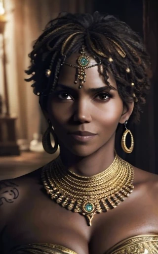 ((Halle Berry)), dressed as a nigerian shaman, tribal tattoo on face, (gold ring necklace), intricate details, cinematic composition, rich colors, 8k, photorealistic