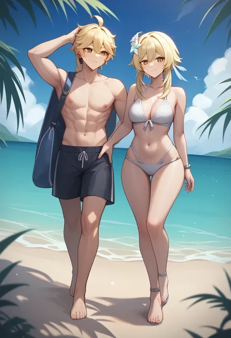 lumine_(genshin_impact) aether_(genshin_impact). standing next to each other. on the beach. Lumine on aethers lap. 