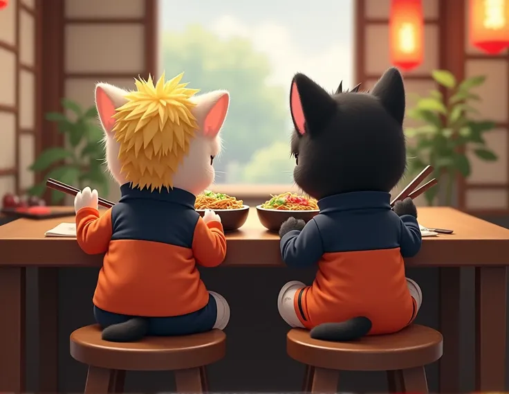 photographier de dos image reel on voit que larriere tete  dun chaton habiller en naruto et larriere tete dun chaton blanc oreille noir habiller en sasuke, format kawai reel, vue completement de dos tres gros plan il mange chaun leur ramen , assis sur tabo...