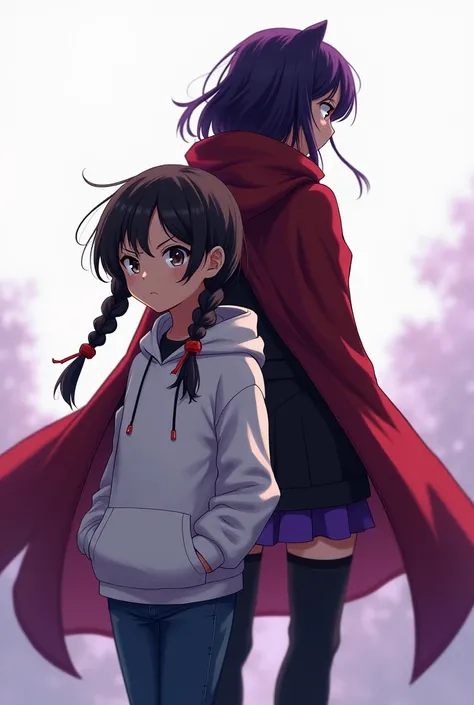 A girl with dark skin with two braids and a hoodie and jeans, and behind the same girl with her back turned but with a big red cape and dressed in black with purple touches, anime style