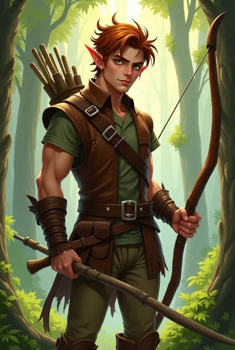 A wood elf, naughty man, with a staff and a sling, and a leather outfit