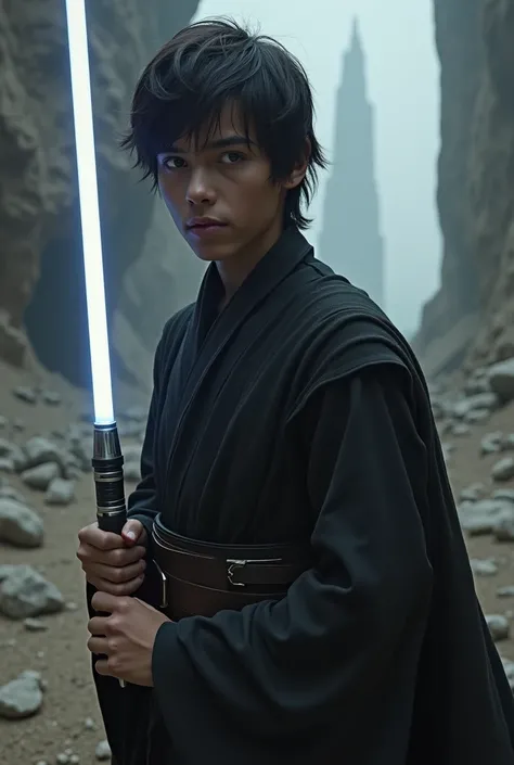 Make a character with black clothes, black hair and gray eyes, young male Jedi with a black saber