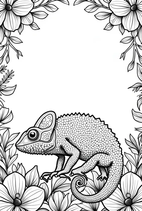 "A mindfulness coloring book image of a detailed chameleon, centered with intricate patterns on its body and tail, surrounded by detailed flowers and branches. The chameleon should have no shadows or black areas, and the lines should be clear and clean, wi...