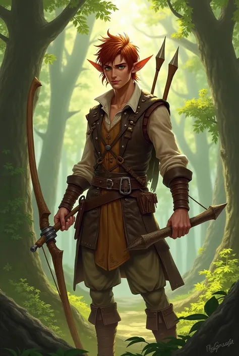 A wood elf, naughty man, with a staff and a sling, and a leather outfit