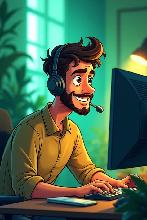 Um homem brasileiro, with brown, dark brown hair, dark brown beard and mustache, working on the computer with programming, green cartoon cut palette and with a headset, em forma de cartoon, like a drawing and not within reality, like a disney pixar carton
