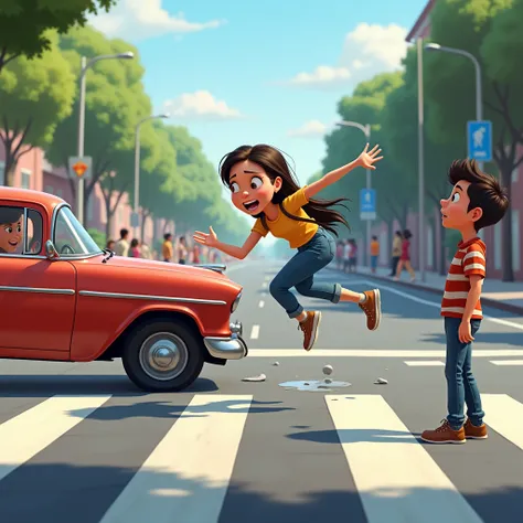 create in pixar style, cartoon, Create a dramatic scene on a city street, outside a school. One young woman, Ana, is being hit by a speeding car, her body in the air as she is thrown forward. No fundo, a teenage, jeremiah, it&#39;s frozen, His face is a mi...