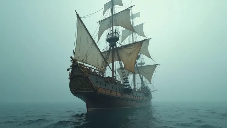 /An ultra-realistic and highly detailed image of a Portuguese exploration ship, The scene is captured with a Sony A7R IV paired with a 135mm f/2.5 GM lens./1.8, ensuring stunning clarity and rich detail. the lighting is dramatic, with the fog providing a s...