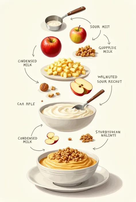 The apple recipe has 5 apples 100 g of walnuts chopped into pieces a can of condensed milk a jar of sour cream those are the ingredients the first step is to chop the apple into its small pieces the second step is to chop the walnut into pieces after.The c...