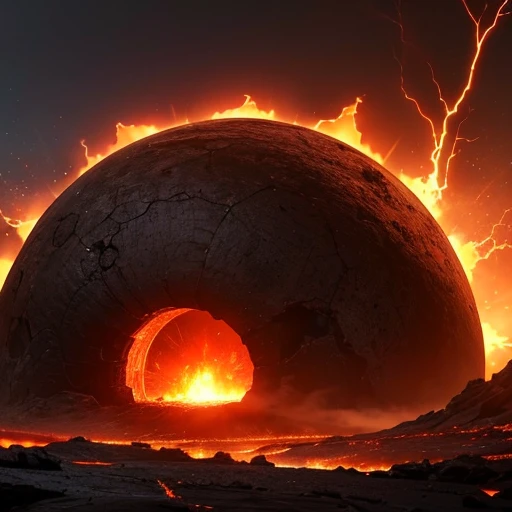 **Description:** Envision a dystopian world where the Earth itself lies within a colossal, hollow sphere. The mechanized crust of this inner Earth is a complex tapestry of metal and rock, with glowing red circuits and vast fissures that expose the fiery ma...