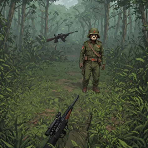 cockpit view of an ewk holding a rifle in the vietnamese jungle, animal focus, ewok, military uniform,