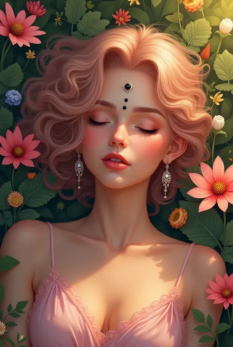 A beautiful girl is lying in a garden of flowers. The girls hair is curly and the color of her hair is light pink. The girl is wearing earrings in her ears and she also has a black bindi on her forehead. 