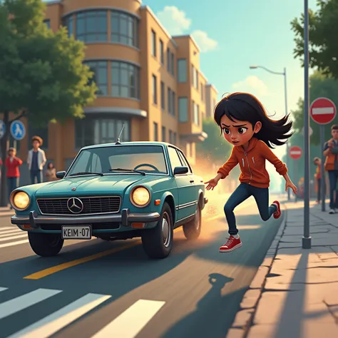 create in pixar style, cartoon, Create a dramatic scene on a city street, outside a school. One young woman, Ana, is being hit by a speeding car, your body is thrown forward. No fundo, a teenage, jeremiah, it&#39;s frozen, His face is a mixture of shock, f...