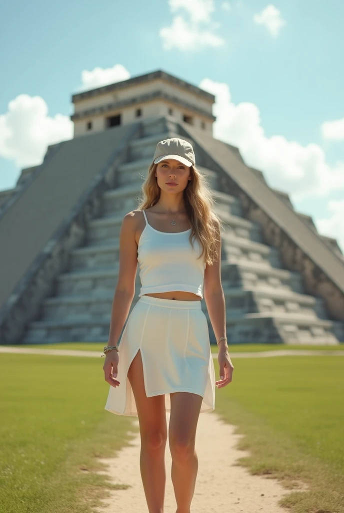 squatting, white tank top, white skirt with side slit, casual, white sneakers, beige cap, minimal accessories, concentrated pose, looking down, soft skin, outdoors, background of ancient pyramid of Chichen Itza, clear sky with some clouds, bright natural l...