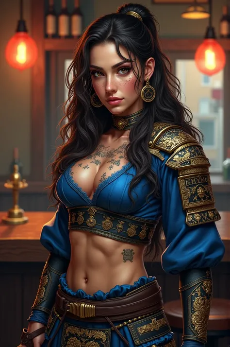 Defined female body, thick-thighs, piercing no umbigo /Samurai / Kizi / blue armor, black and gold with Japanese dragon details Features / Skinned: at the bar / body hair: dark brown, straight and curly at the ends / eyeballs: dark brown e dourado / freckl...