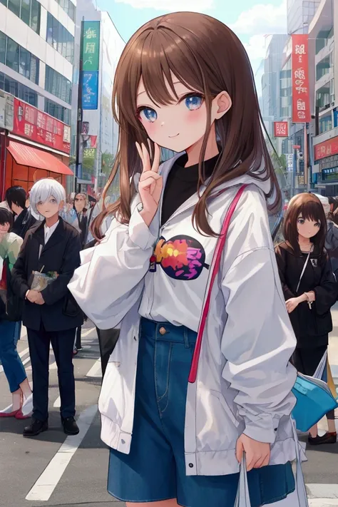 prompt:

character: Young woman with a bright smile。Her shoulder-length brown hair fluttering in the wind、A loose white jacket and a casual red T-shirt、Wearing denim shorts。

background: Busy city intersection、Mr.々A bustling street lined with colorful sign...