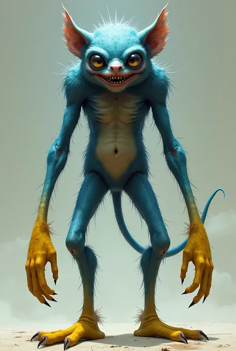 a tall, slender creature covered in thick, shiny blue fur. Its arms and legs are 3 meters long and end in large yellow hands and feet.. His hands have large velcro strips on the palms, and both they and their feet have four toes, including thumbs, although...