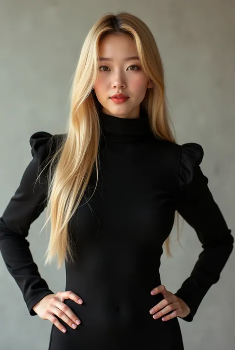 (Korean Girl), hot body, chic Cyan red turtleneck wool dress, the korean Girl have long straight blonde hair, She has both hands on her hips, sexy face