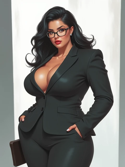 Full picture, sexy brunette with long black hair, full breasts and big buttocks, wearing glasses, strong muscles in her arms, wearing tight formal clothes, she is a company manager and a sadist too 