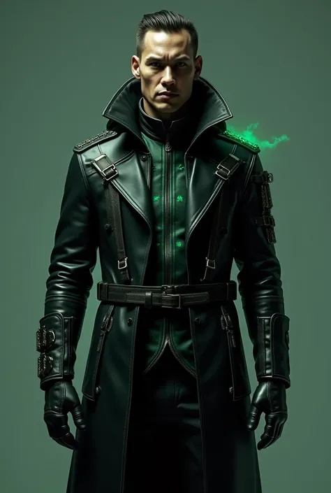 create a highly detailed 3d image of a garment worn by a man with short hair. the garment should combine 100% of the cyberpunk style of matrix with 0% of a dark fantasy mage robe. the outfit should resemble a long, fitted, intense black leather coat, iconi