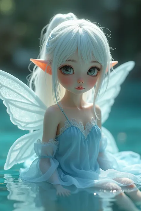 (photorealism:1.2), short pretty innocent fairy with white hair, sparkly wings, light blue dress with long sleeves that fall off the shoulder, in water