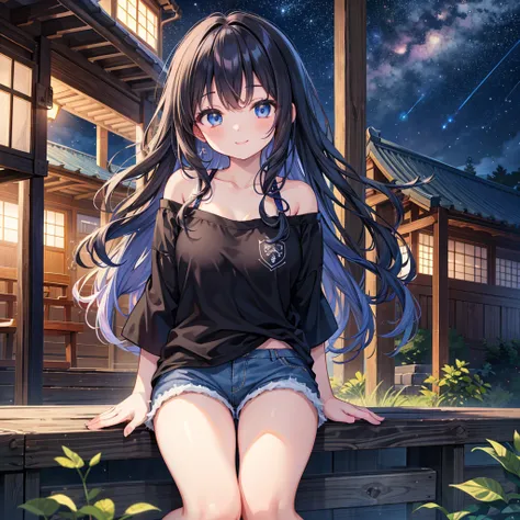 CG, Unity, 8k, wallpaper, Highest quality,sunlight、Perfect lighting、 masterpiece, Haruka Amami, (smile: 1.2), 1 high school girl、Black Hair、Curly Hair、blue eyes、Thick lips、Black T-shirt、Off the shoulder、 BREAK Denim Shorts, barefoot, Thighs, Best lighting,...